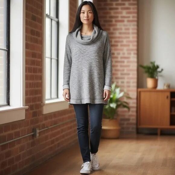 TALBOTS Top Womens PL Black Gray Herringbone Knit Cowl Neck Pullover - Picture 2 of 10